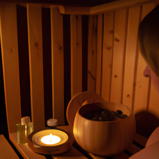 

A photo of a person reclining in a sauna, with a bowl of essential oils and a lit candle on the bench next to them. The person has their eyes closed and is breathing in the fragrant aroma, enjoying the peaceful atmosphere
