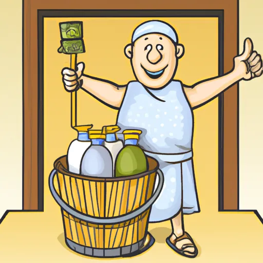 

An image of a person in a sauna, wearing a towel and holding a bucket of cleaning supplies. The supplies include a scrub brush, a mop, a sponge, and a bottle of cleaning solution. The person is smiling, indicating