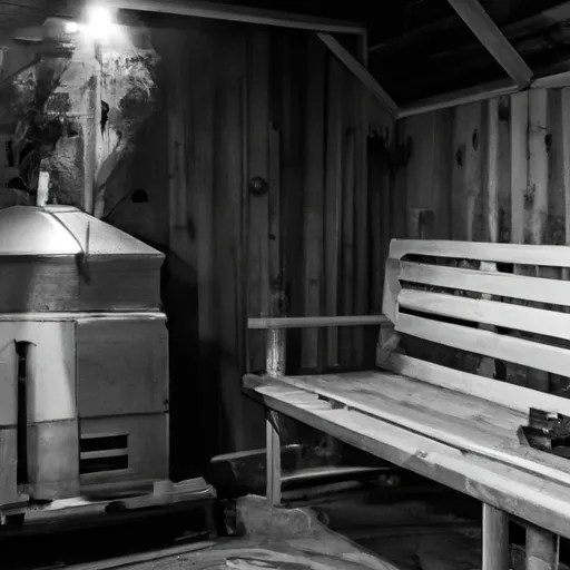 

A black and white image of a traditional sauna, with a wooden bench and a stove in the corner, emitting a warm glow and steam.