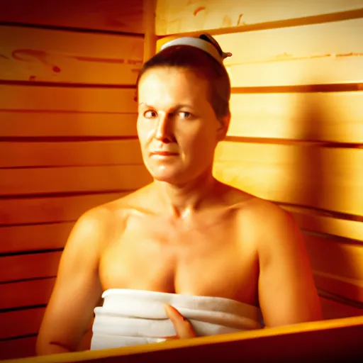 

An image of a person in a sauna, with a towel draped over their shoulders, relaxing and enjoying the warmth of the sauna. The person has a content expression on their face, and the steam of the sauna is visible in