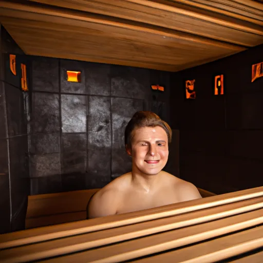 

A photo of a person relaxing in a modern home sauna, with a peaceful expression on their face. The sauna is surrounded by natural wood and stone, creating a tranquil atmosphere.